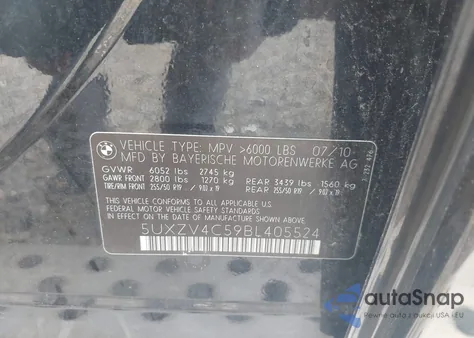 2011 BMW X5 xDrive35I/xDrive35I Premium/xDrive35I Sport Activity z USA, uszkodzony, nr VIN 5UXZV4C59BL405524